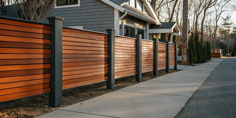 Modern horizontal wood privacy fence in Smithtown, NY.