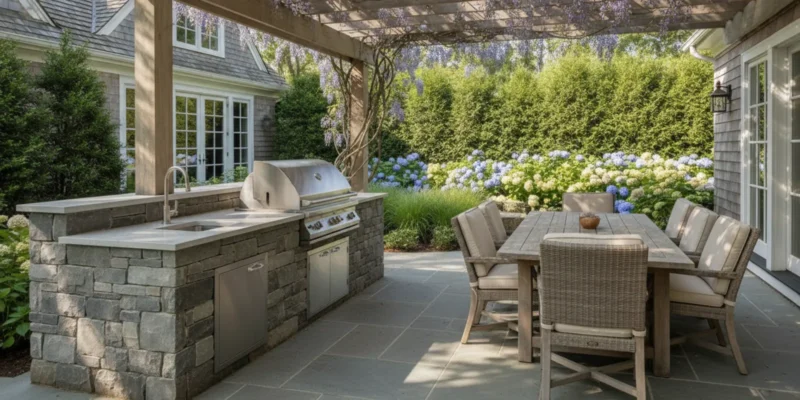 Outdoor kitchen with a stone counter, built-in grill, and patio seating