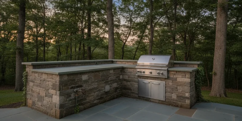 Stone outdoor kitchen on a Long Island patio with a built-in grill and an exterior gas shutoff