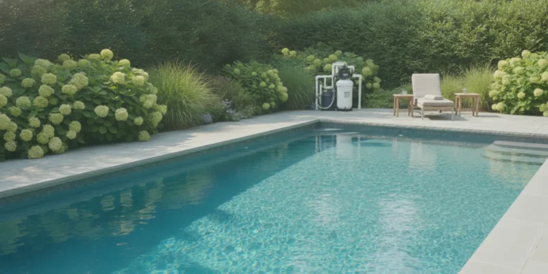 Saltwater pool with clear water beside a stone pool deck on Long Island