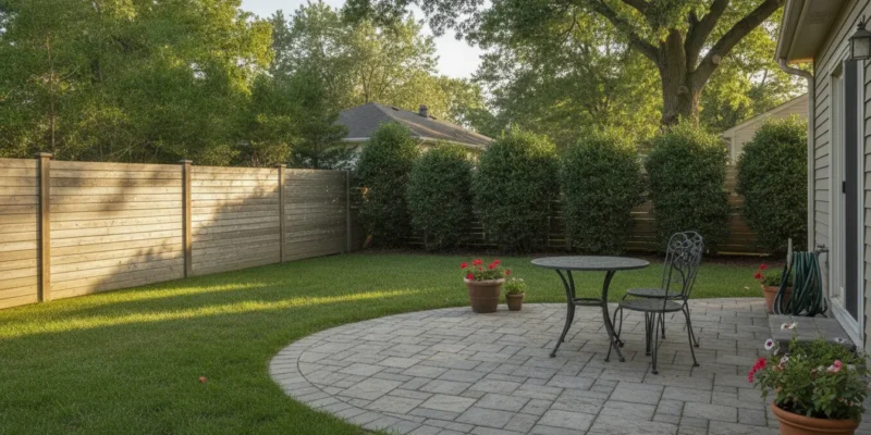 Long Island backyard with a wood privacy fence, evergreen hedge, and paver patio