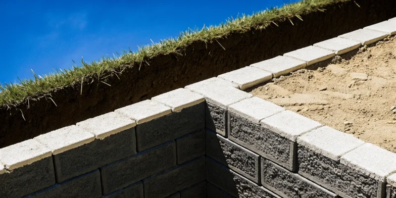 A detailed view of retaining wall construction showing the gravel base, block layers, and backfill.
