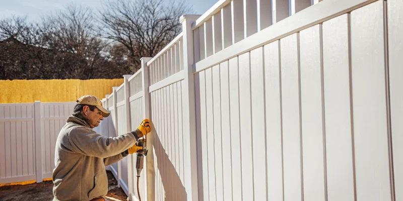 Long Island fence installer building a white vinyl semi-privacy fence.