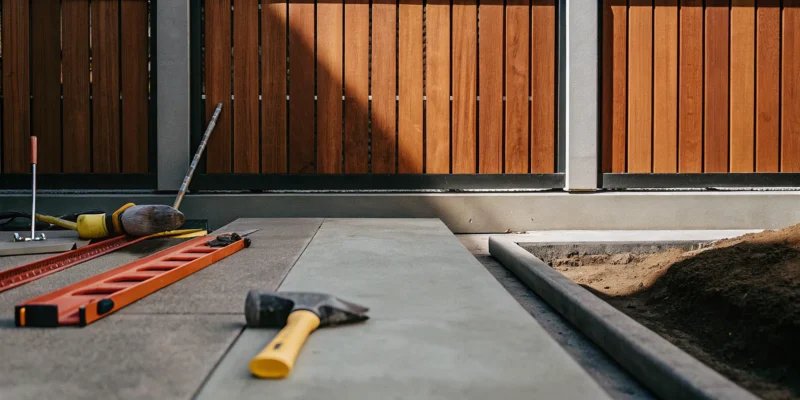 Vinyl fence installation tools and materials for a project using PDF instructions.