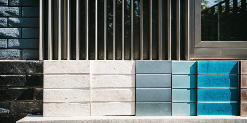 Modern exterior brick wall paint design in white, gray, and blue.