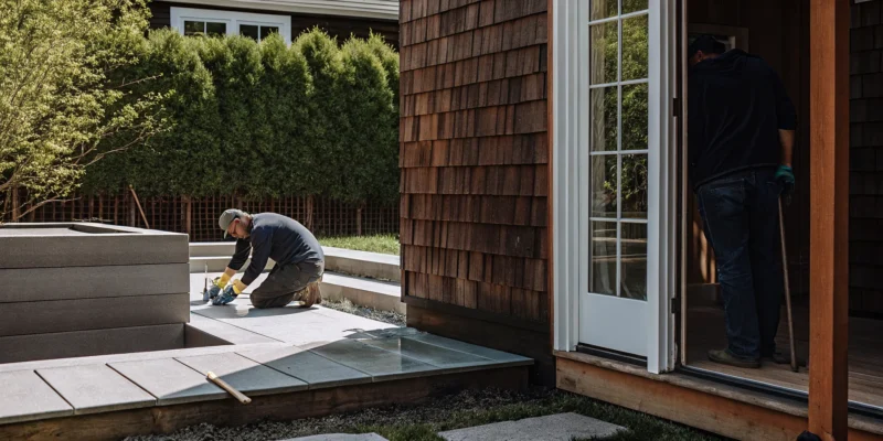 Home spa installation on Long Island with custom stonework and foundation preparation.