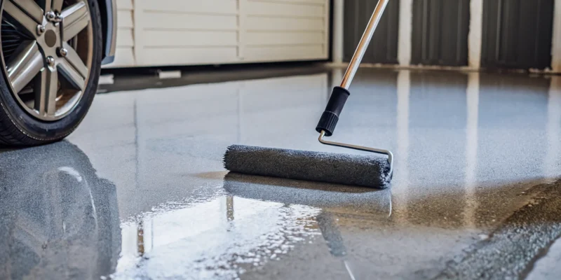 Applying a durable epoxy coating to a garage floor with a roller.