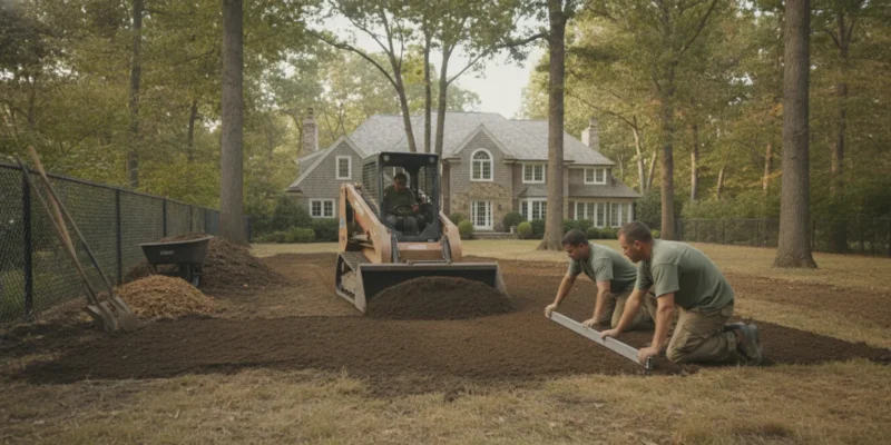 A landscaping crew spreading topsoil and shaping a level residential yard
