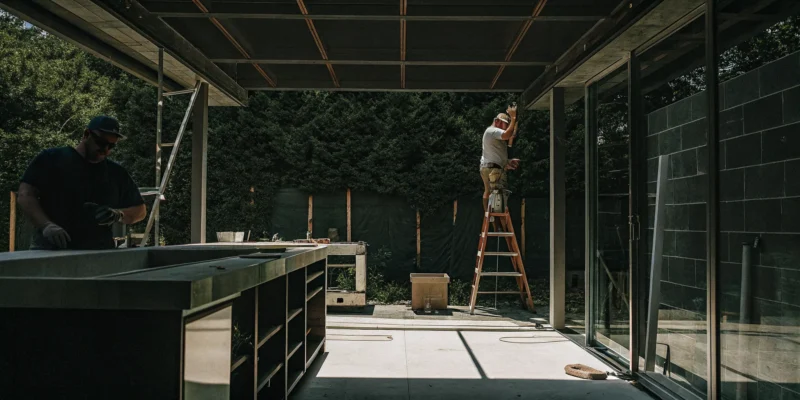 Contractor installing a custom outdoor kitchen with high-end appliances in Nassau County.