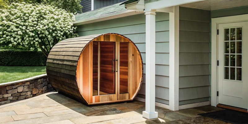 Outdoor barrel sauna professionally installed by a contractor in Nassau County.