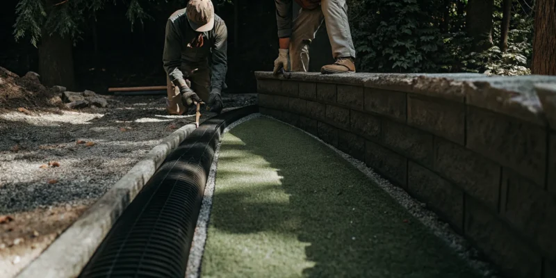 Retaining wall contractors installing a new wall with drainage in Suffolk County.