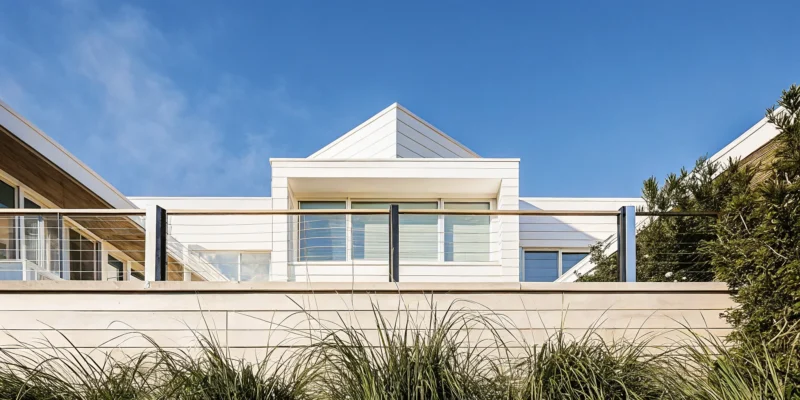 Modern horizontal fence in front of a Long Island home.