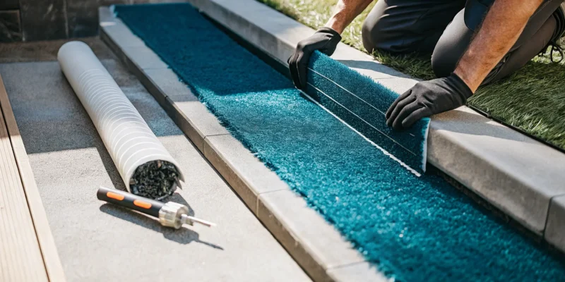 Laying new artificial grass during a turf installation on Long Island.