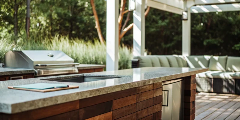 Modern outdoor kitchen in Long Island, a project that often requires a building permit.